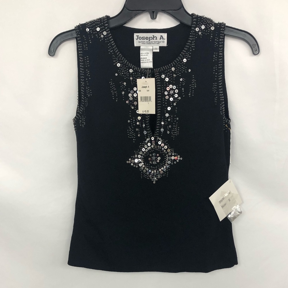 Black Sequin Beaded Sleeveless Knit Top Keyhole Shell NWT S Joseph A Womens